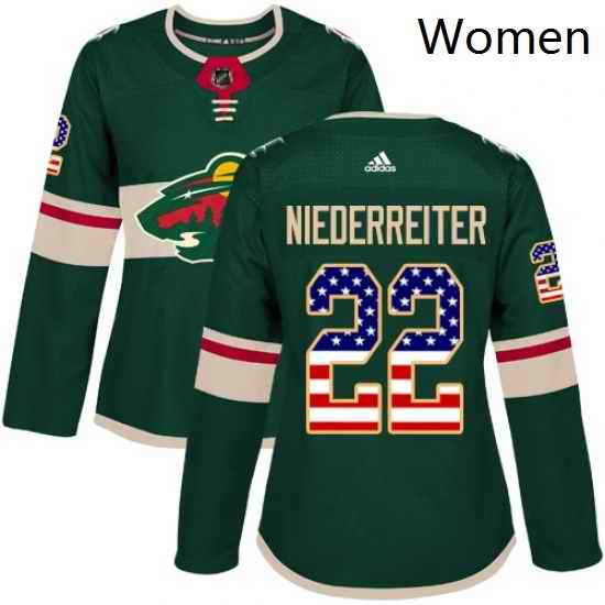 Womens Adidas Minnesota Wild 22 Nino Niederreiter Authentic Green USA Flag Fashion NHL Jersey